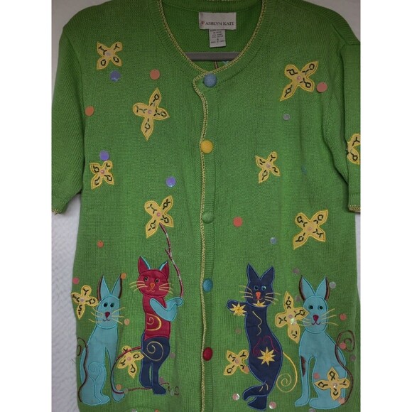 Vtg Ashlyn Kate Womens Green V Neck Short Sleeve Cardigan Sweater Sz‎ S - Picture 3 of 7